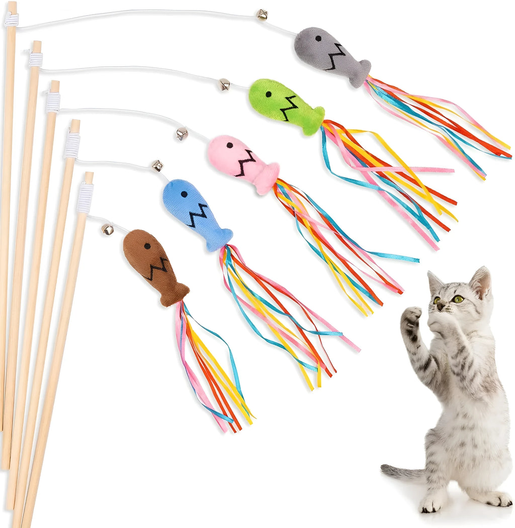 Blue cat wand toy with colourful ribbons, catnip fish, bell, and wooden handle for indoor cats.