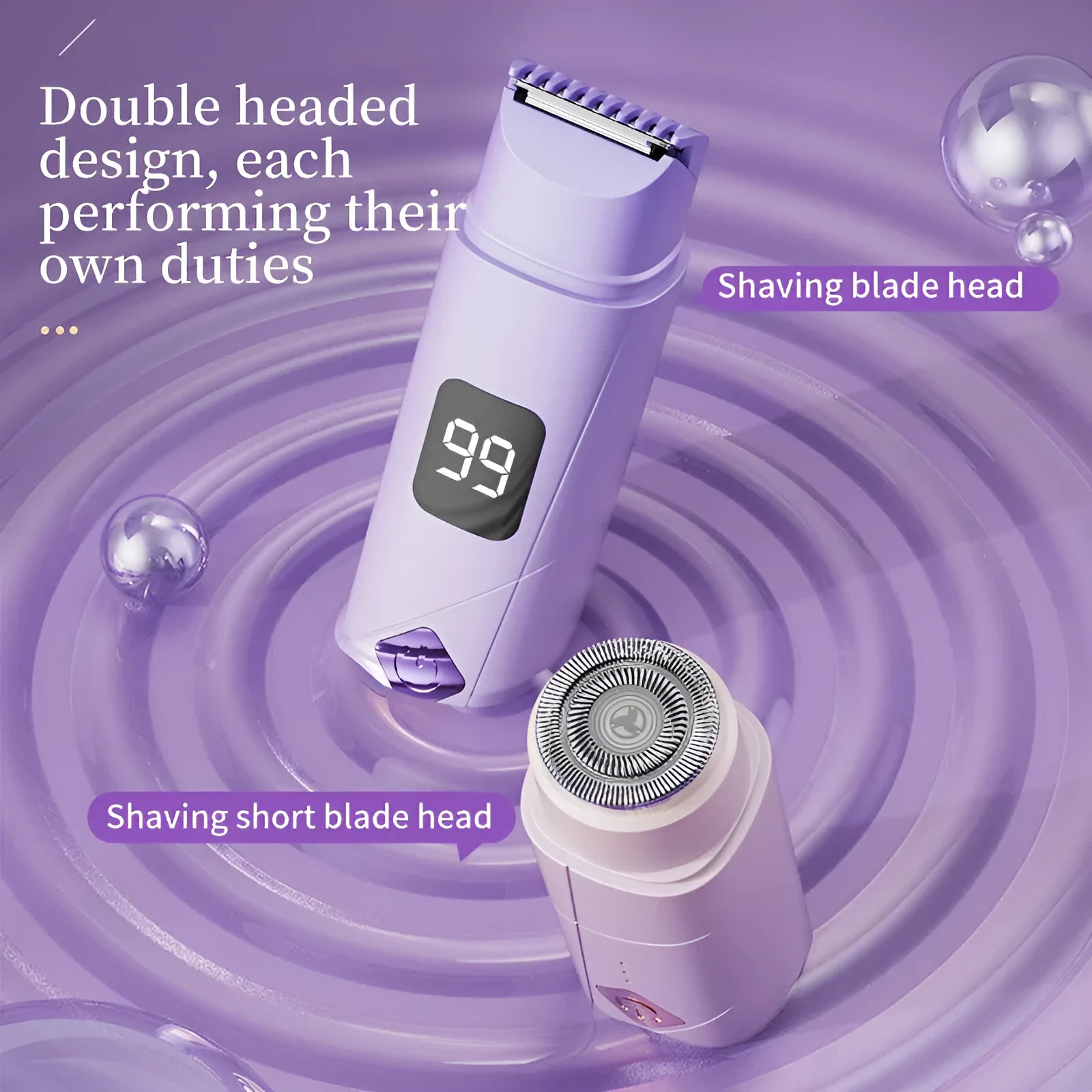 USB rechargeable digital display women's body shaver in gradient purple colour with washable head