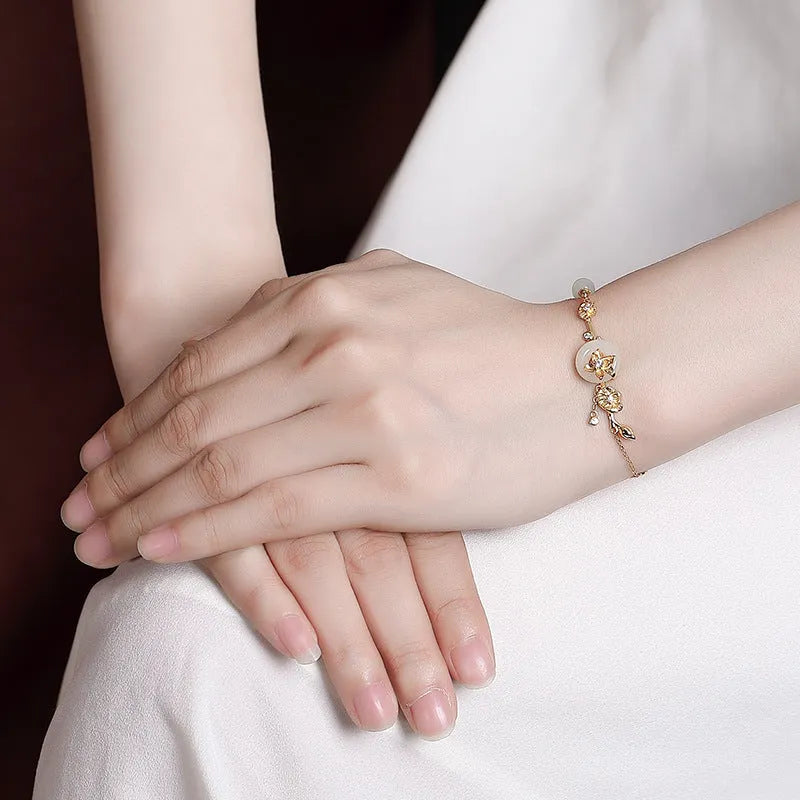 Hetian jade lotus peace buckle bracelet in 925 sterling silver with gold or silver plating