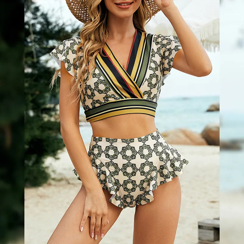 Green women's bikini set with flounced backless lace-up top and shorts.