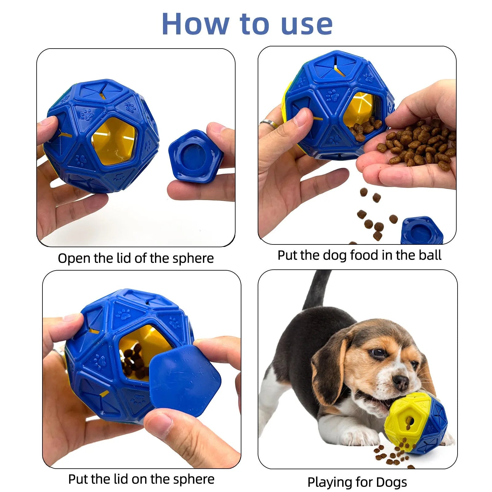 Blue interactive dog ball toy with hollow food-dispensing centre