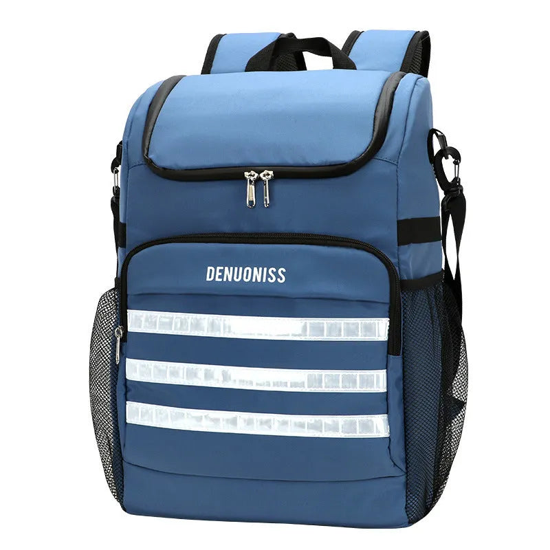 Black modern simplicity cloth backpack with an insulated side pocket for a beer bottle.