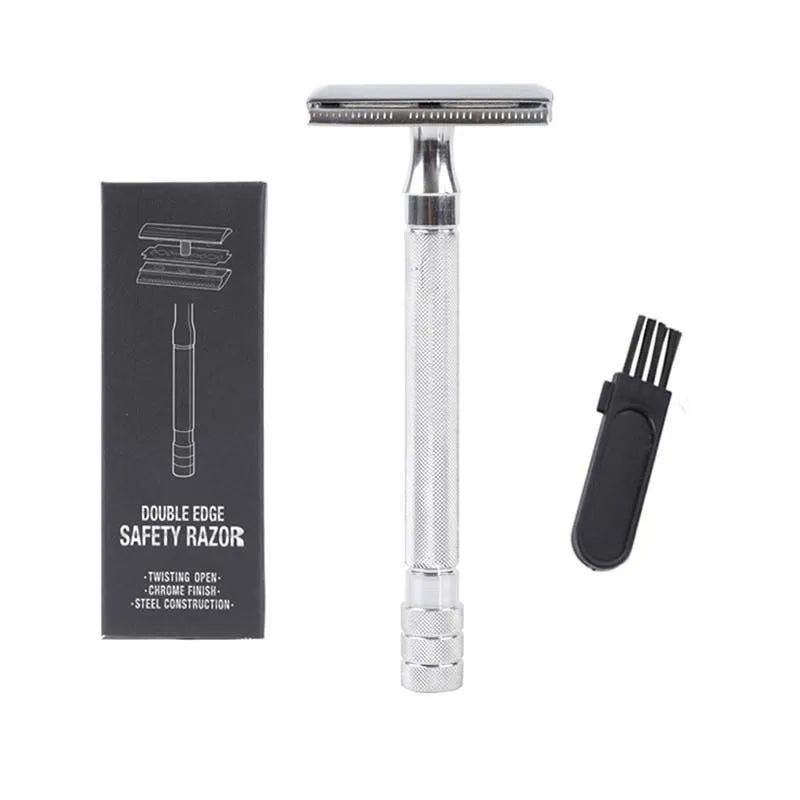 Traditional manual shaving razor and brush set in black or silver finish for beard grooming