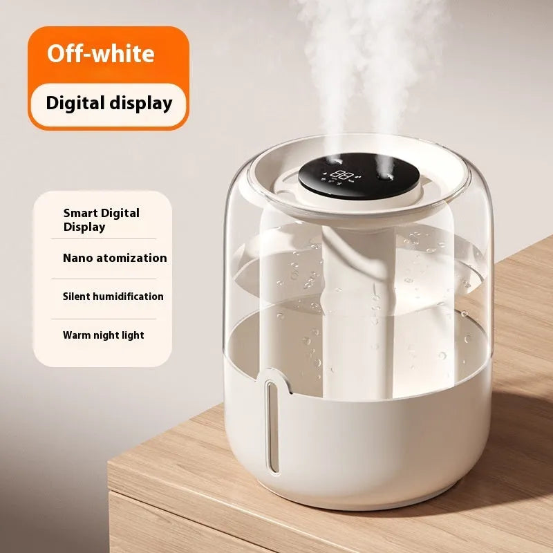 Beige round USB humidifier with display showing humidity level and dual spray outputs