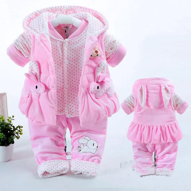 Girls three-piece autumn winter clothing set with jacket, vest, and trousers in pink colour