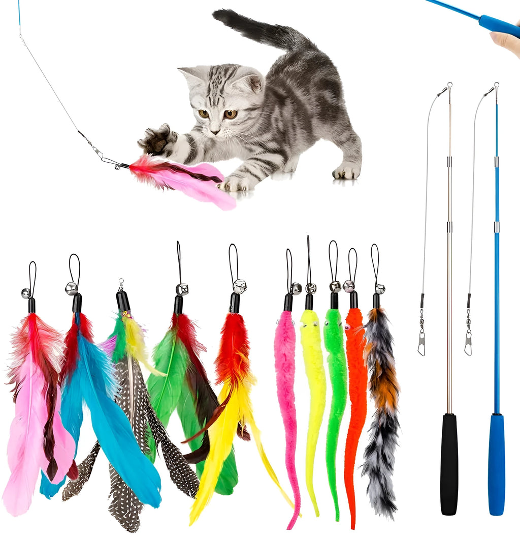 Cat feather teaser wand with telescopic fishing rod and interchangeable feather attachments