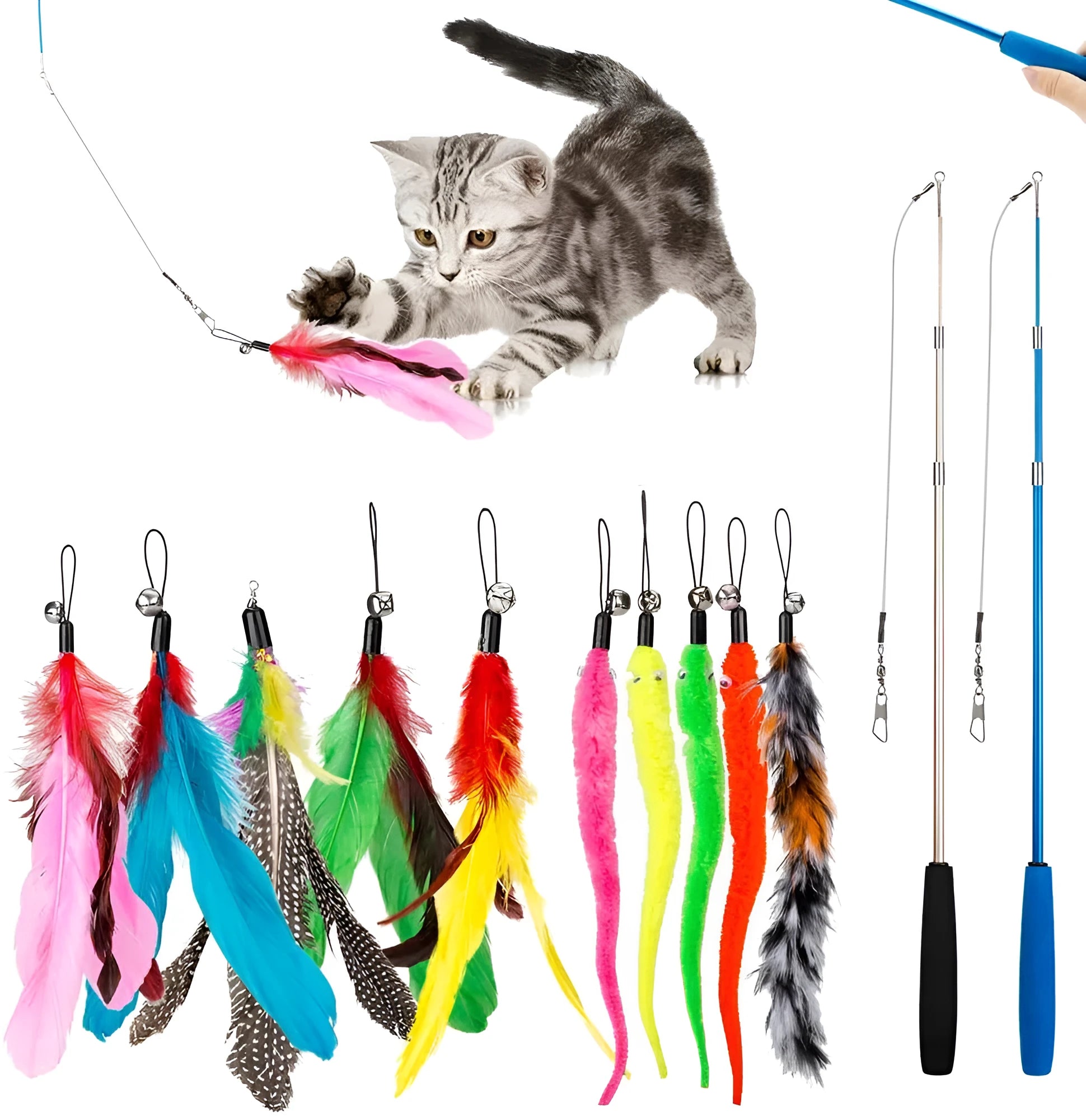 Cat feather teaser wand with telescopic fishing rod and interchangeable feather attachments