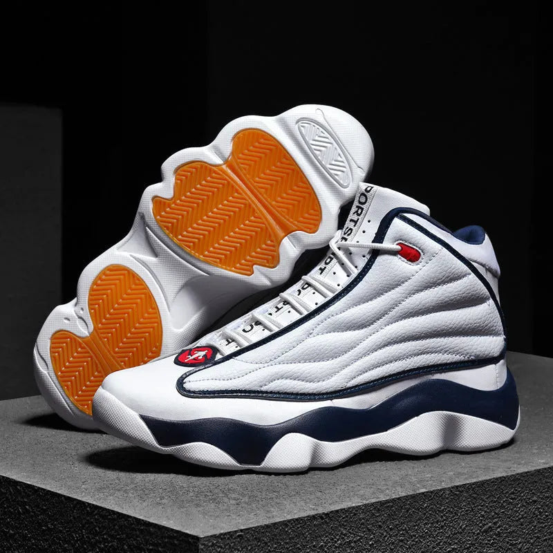 Men's high-top basketball shoe in AJ13 colour with mesh upper and thick rubber sole.