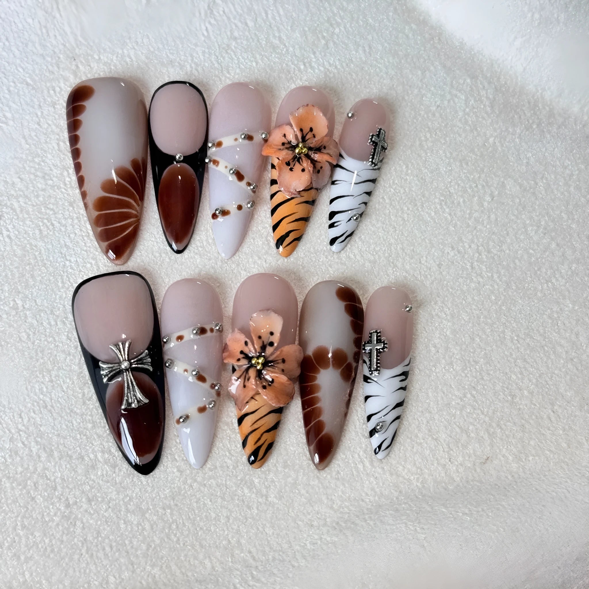 French-style leopard print artificial nail stickers with cross and flower designs