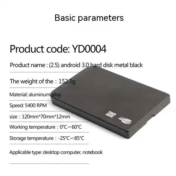 USB 3.0 external solid state drive with metal shell in black, blue, red, or silver colour options.