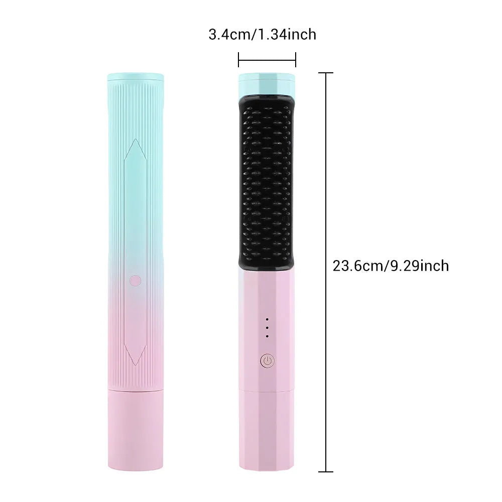 Pink cordless straightening comb with USB charging port and heat-protected comb teeth