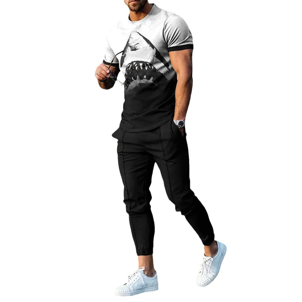 Man wearing a solid colour printed short-sleeve T-shirt and matching trousers from a sportswear set.