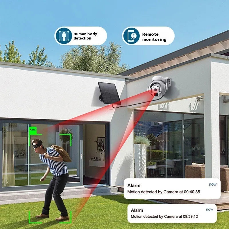 Solar security camera in camouflage finish with solar panel and lens visible