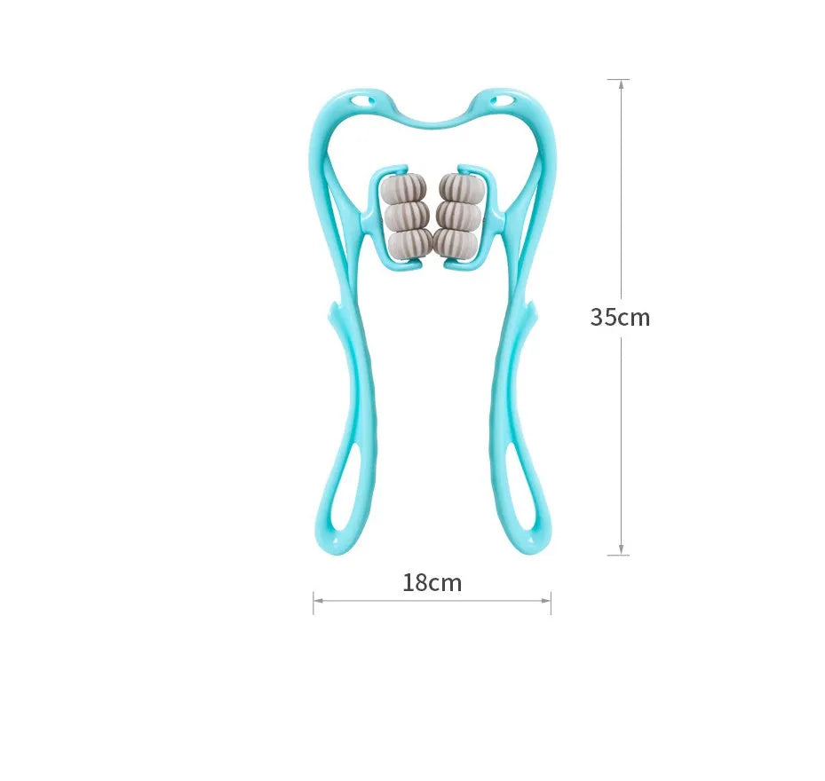 Blue swan-shaped manual neck massager with six wheels and natural jade scraping board on white background