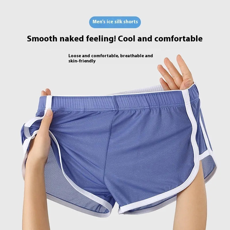Men's ice silk quick-drying boxer shorts in grey blue colour on a white background