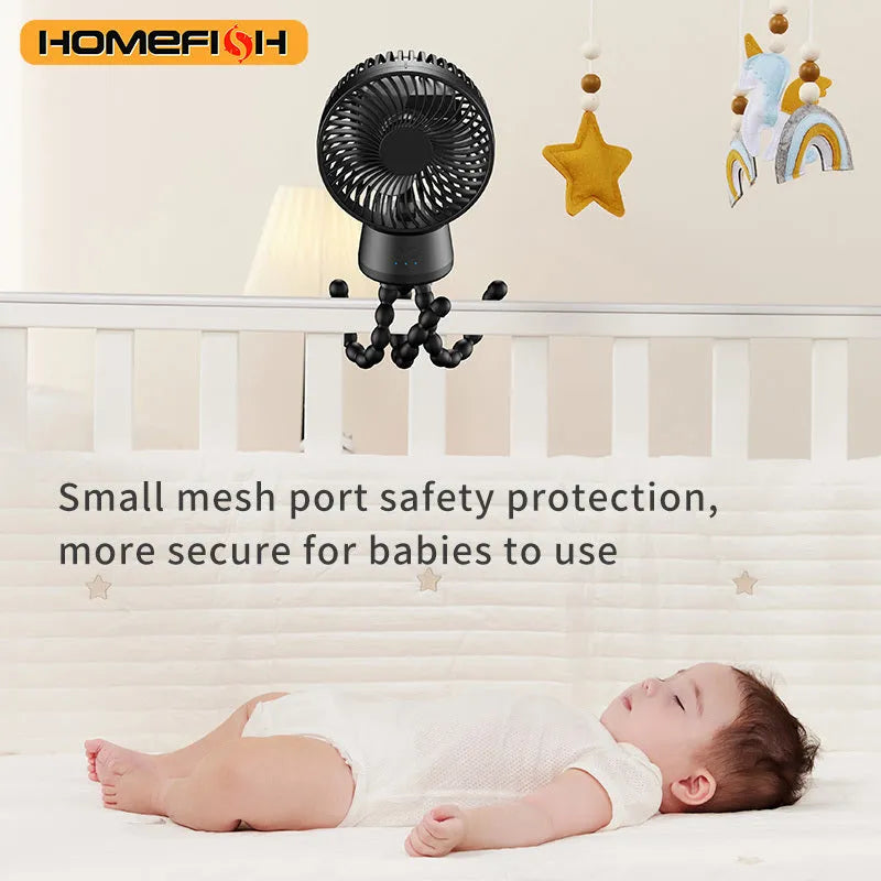 HOMEFISH F2 automatic shake head portable fan with LED light on a removable bracket.