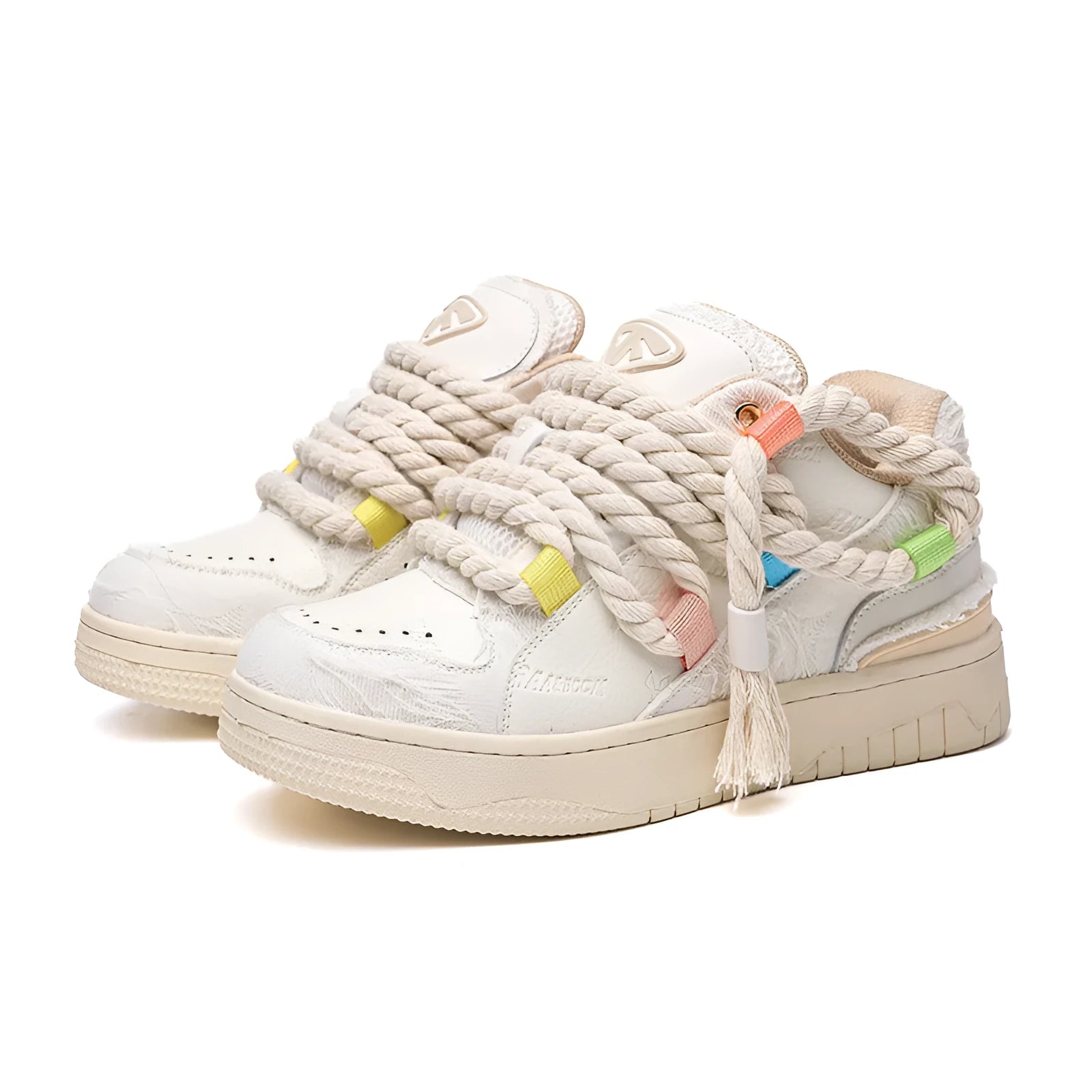 Creamy white retro skateboard shoes with old damage lace detailing and platform sole