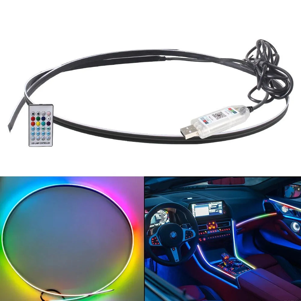 Car interior with colour-changing LED ambient lighting strip installed along dashboard