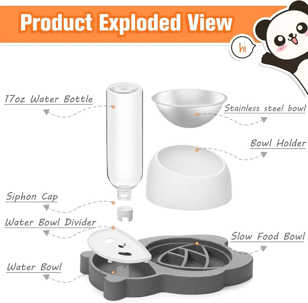 Grey and green panda-shaped elevated pet bowl set with tilted stainless steel bowls and a large automatic water bottle.