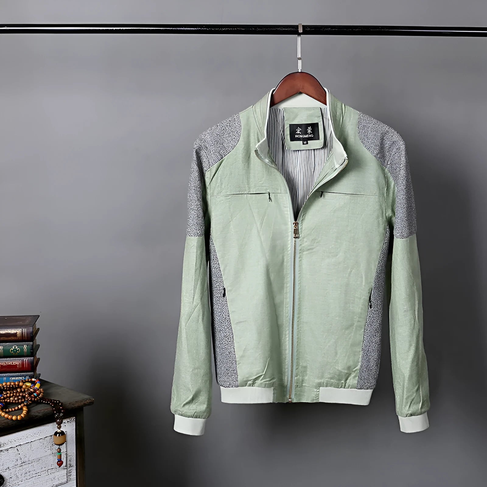 Men's thin regular-fit cotton jacket in heather grey, shown on a hanger.