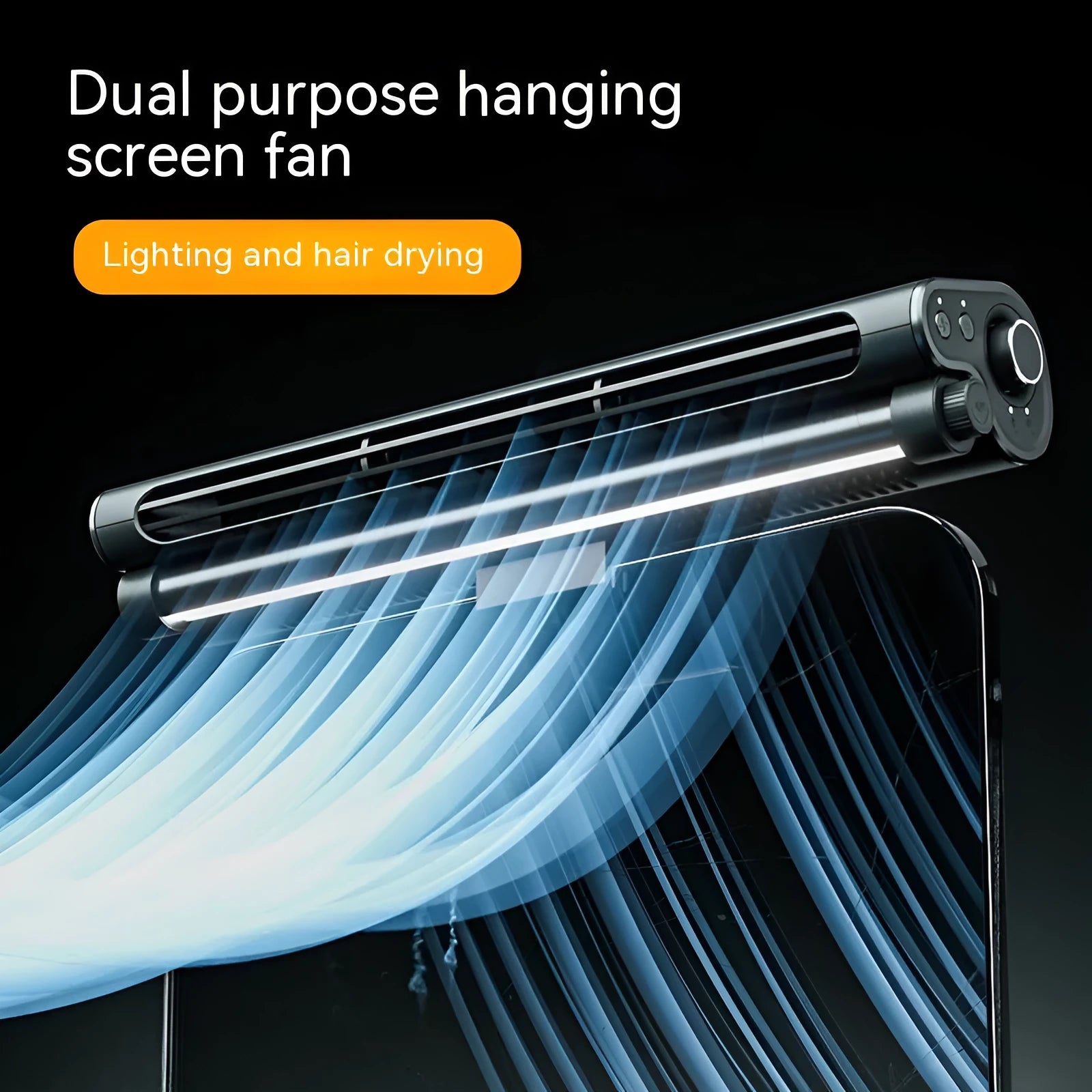 Black USB-powered bladeless clip-on fan with integrated lighting lamp attached to a laptop screen.