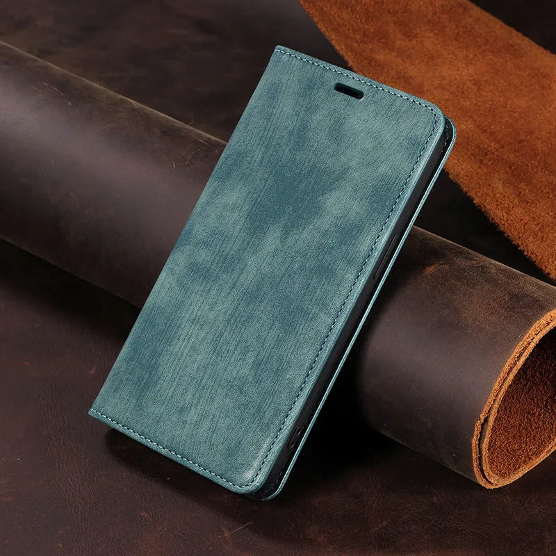 Magnetic flip phone case in genuine leather and TPU for iPhone models with front cover closed