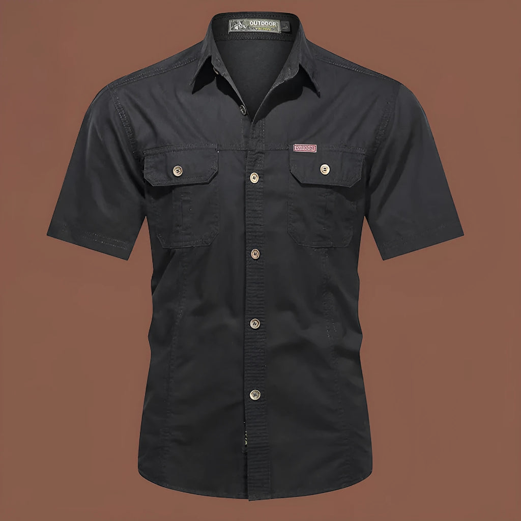 Men's short sleeve cotton shirt in army green colour, showing loose fit and cardigan style on a hanger.