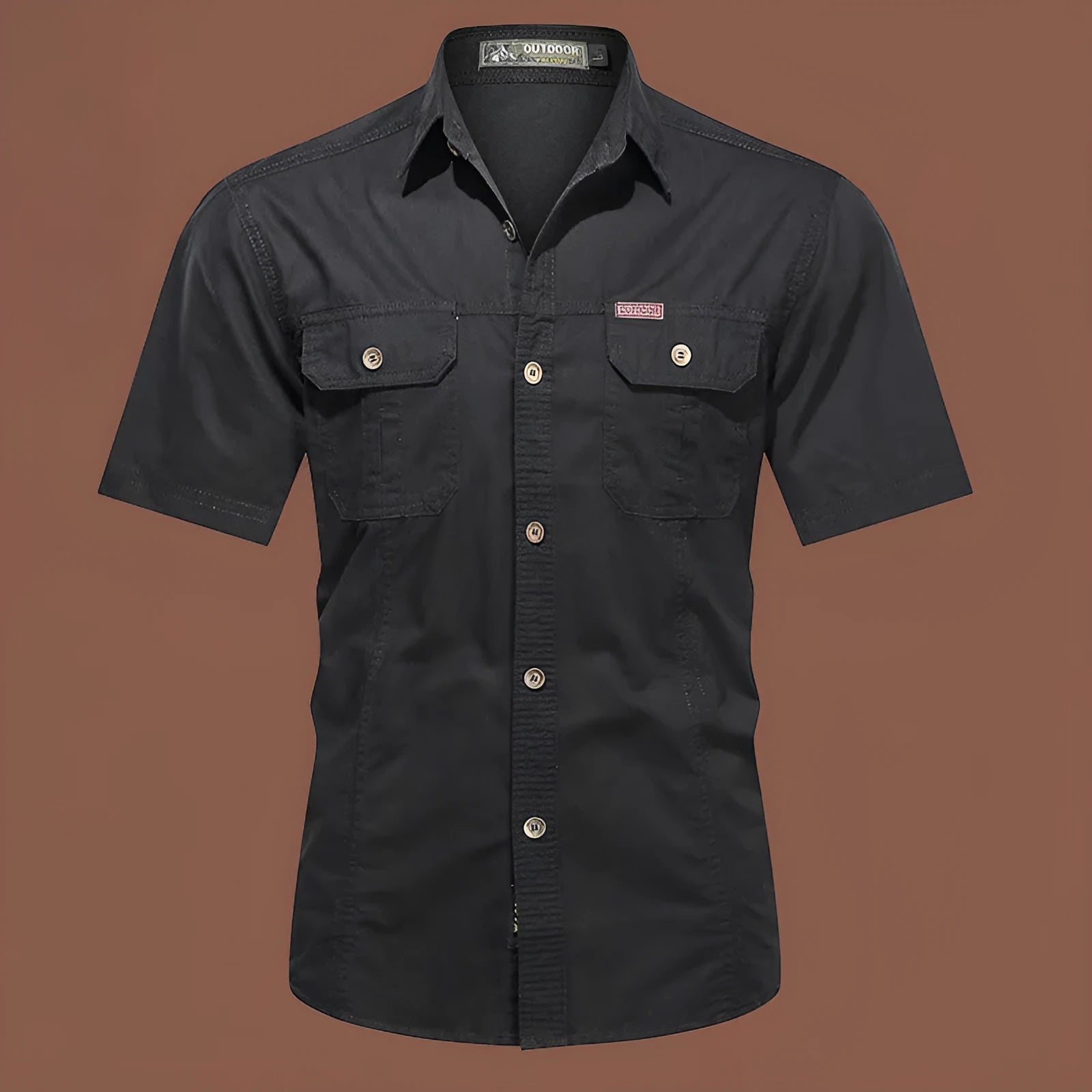 Men's short sleeve cotton shirt in army green colour, showing loose fit and cardigan style on a hanger.