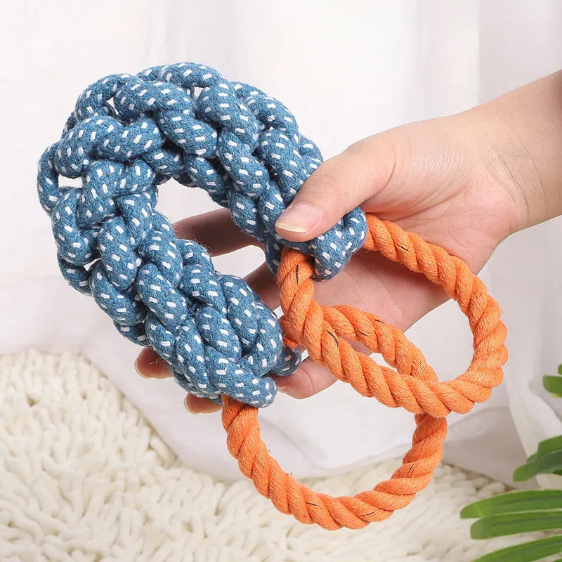 Blue double-ring dog chew toy with braided cotton bone rope measuring 37cm long