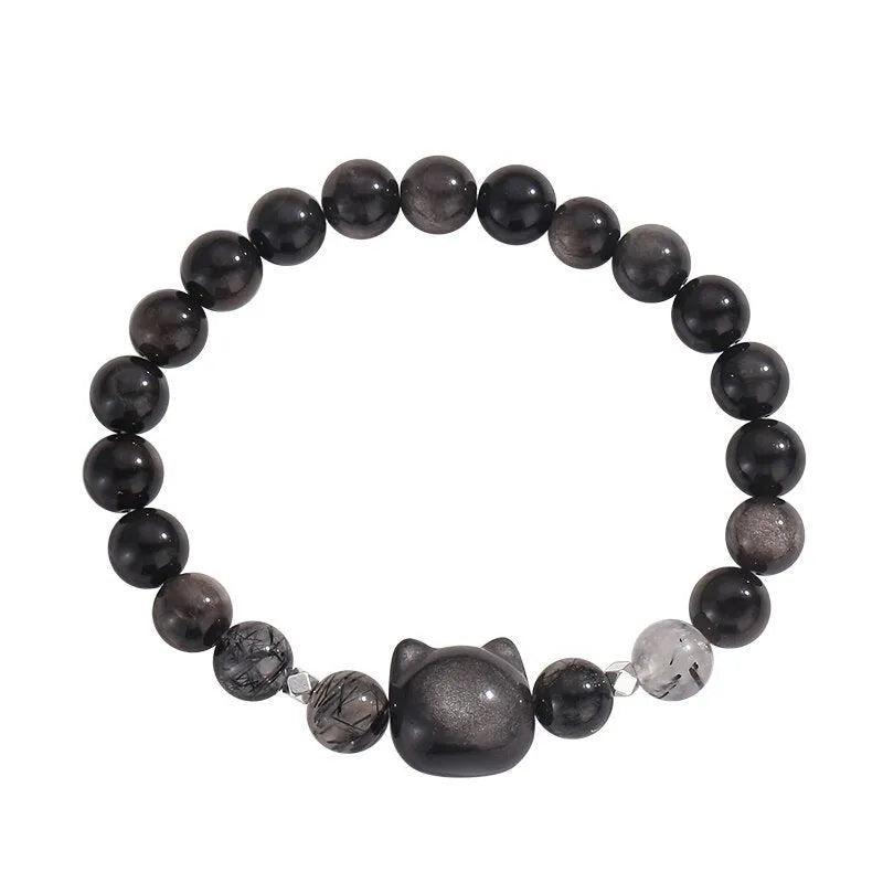 Natural obsidian silver stone cat crystal bracelet with electroplated finish and animal modelling