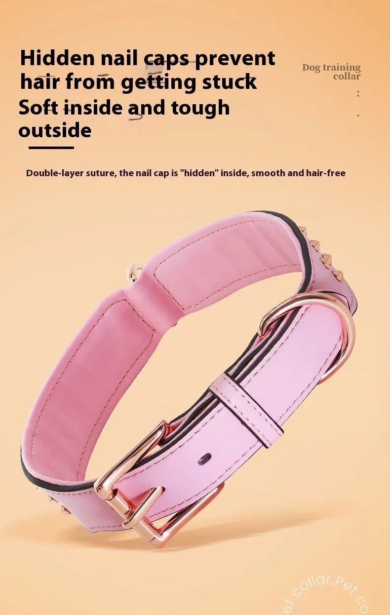 A leather dog collar with metal rivets, shown in black, chocolate, and pink colour options.