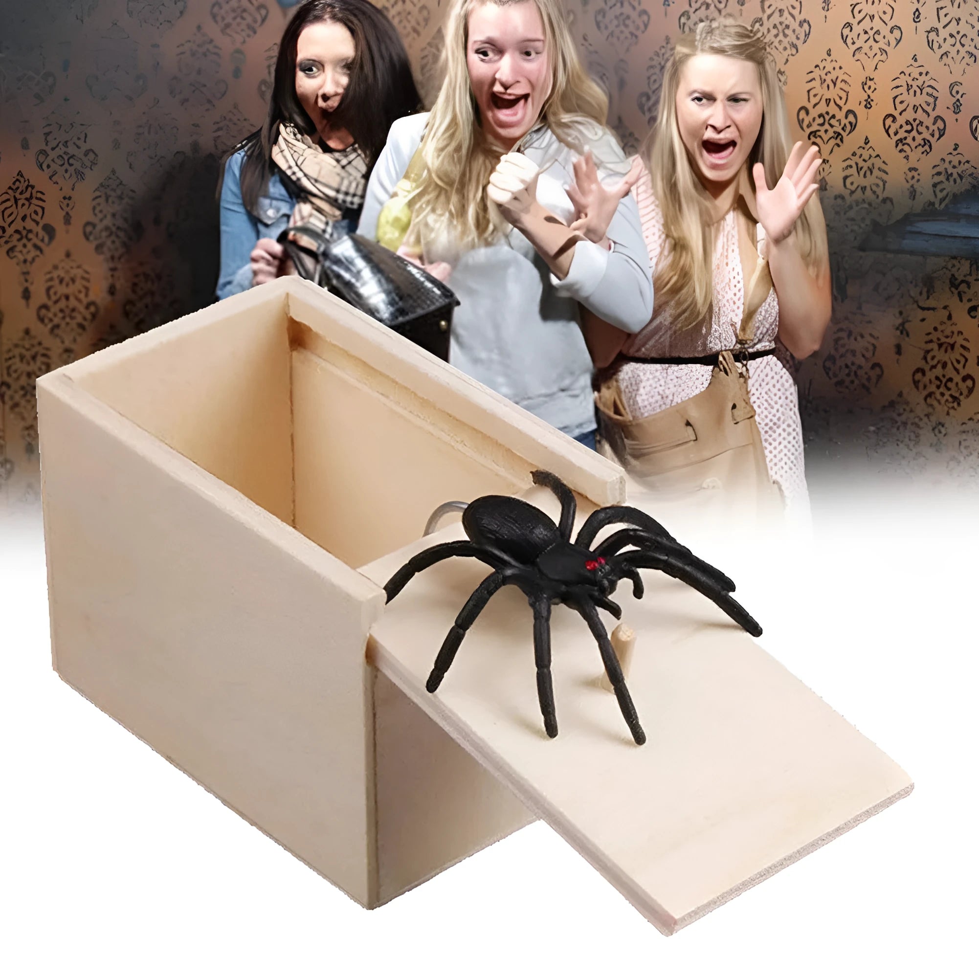 Wooden prank scare box with jumping animal surprise for April Fools' jokes