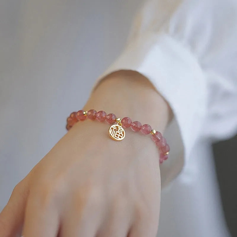 Strawberry quartz bracelet with blessing card in New Chinese style, manual processing, glass beads