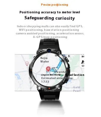 Sports smartwatch with dual cameras on a wrist, showing TFT touchscreen display.