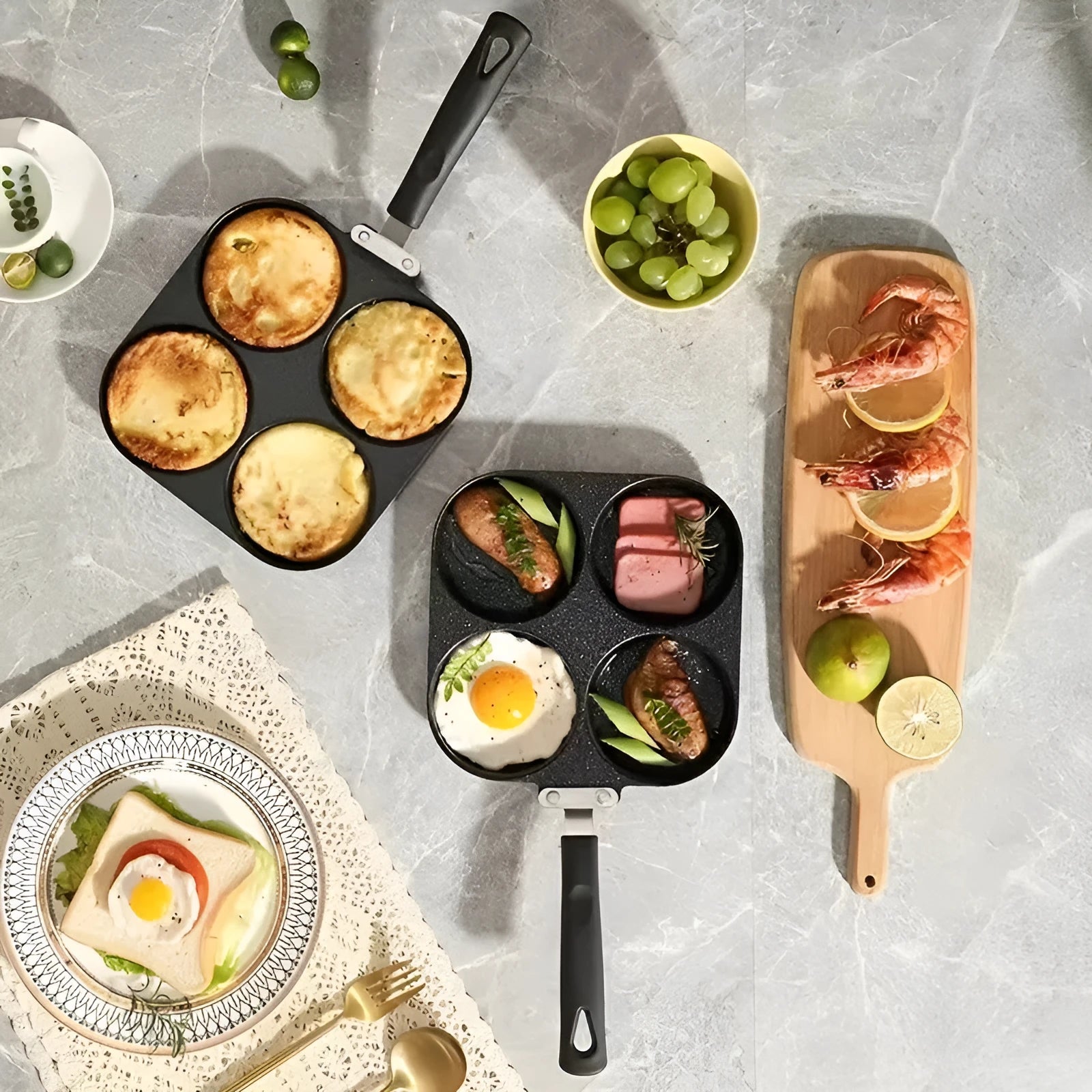 Aluminium four-hole non-stick frying pan with wooden handle for making eggs and burgers.