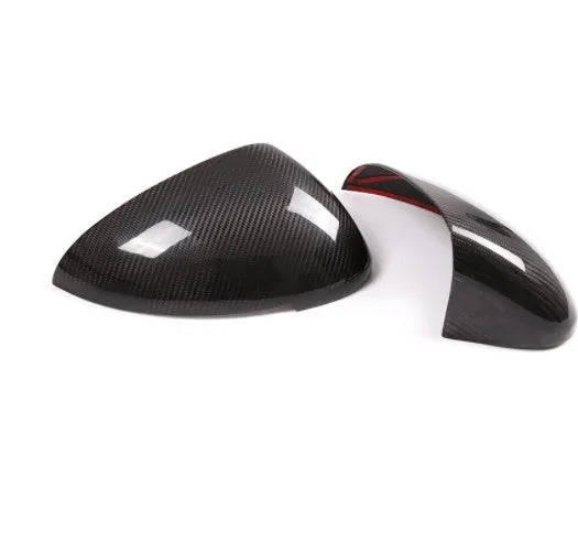 Black true carbon fibre mirror covers for Porsche Macan 2014-2022 models showing dimensional measurements