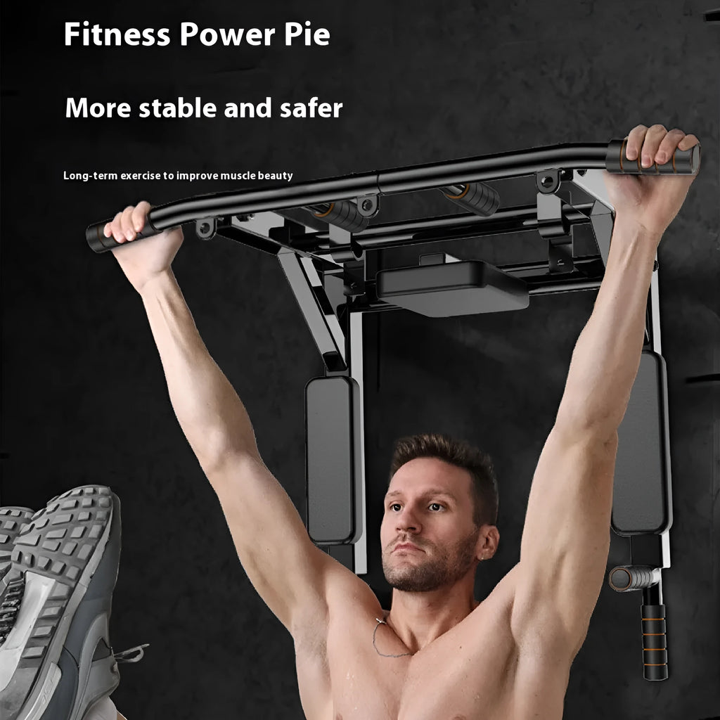 Black wall-mounted fitness rack with parallel bars and sandbag mounting points