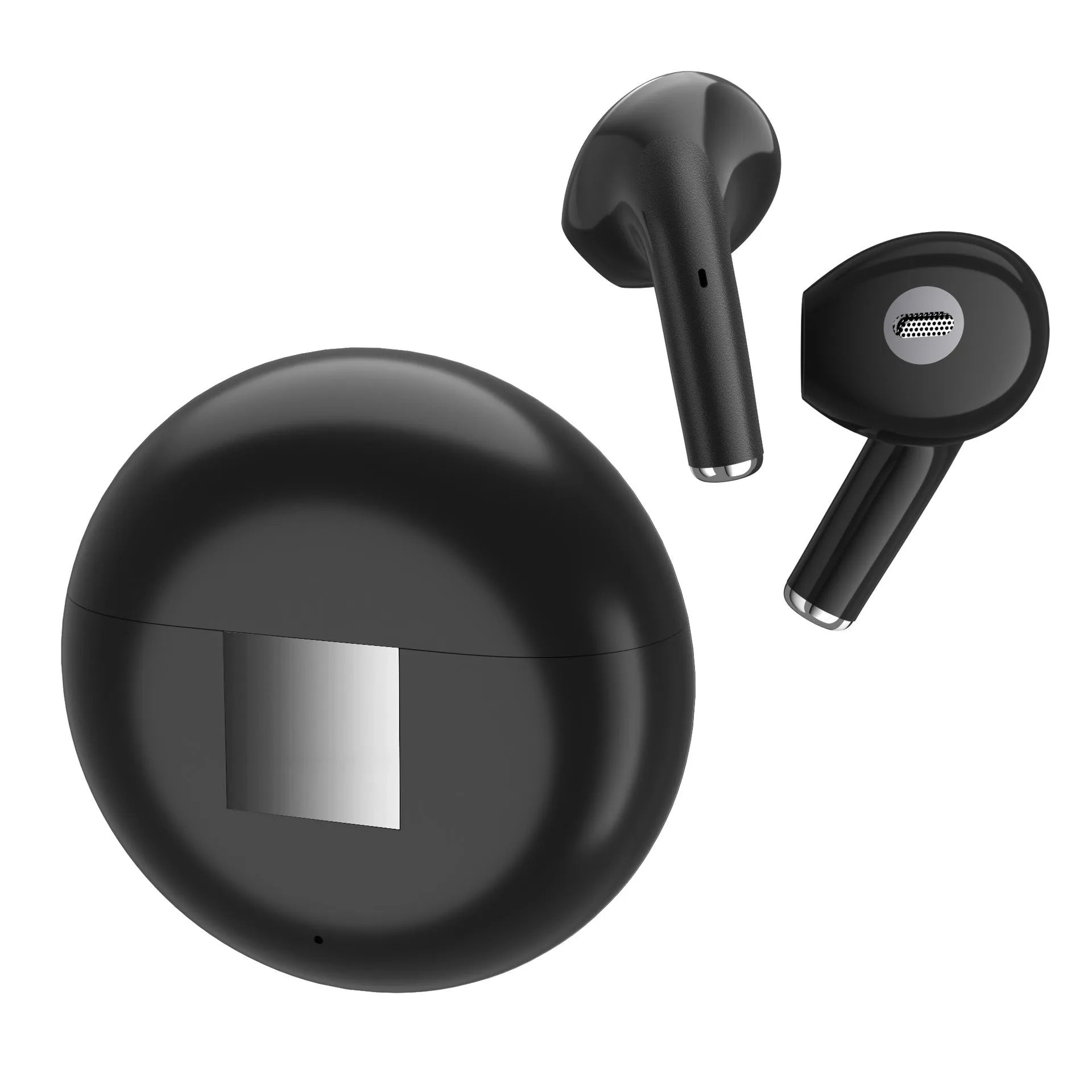 White Wireless Budz5 J6 Bluetooth earbuds with semi-in-ear design and charging case on a plain background.