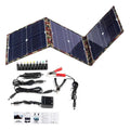 Black foldable 36W solar panel with monocrystalline cells showing folded dimensions of 87cm by 28.5cm