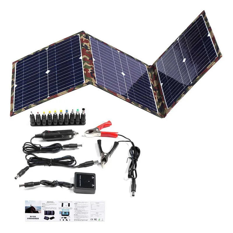 Black foldable 36W solar panel with monocrystalline cells showing folded dimensions of 87cm by 28.5cm