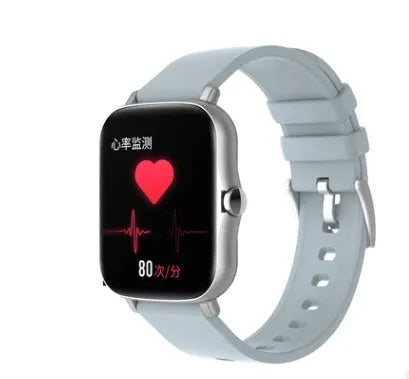 Black smart sports watch with colour touch screen on adjustable strap, showing heart rate data.