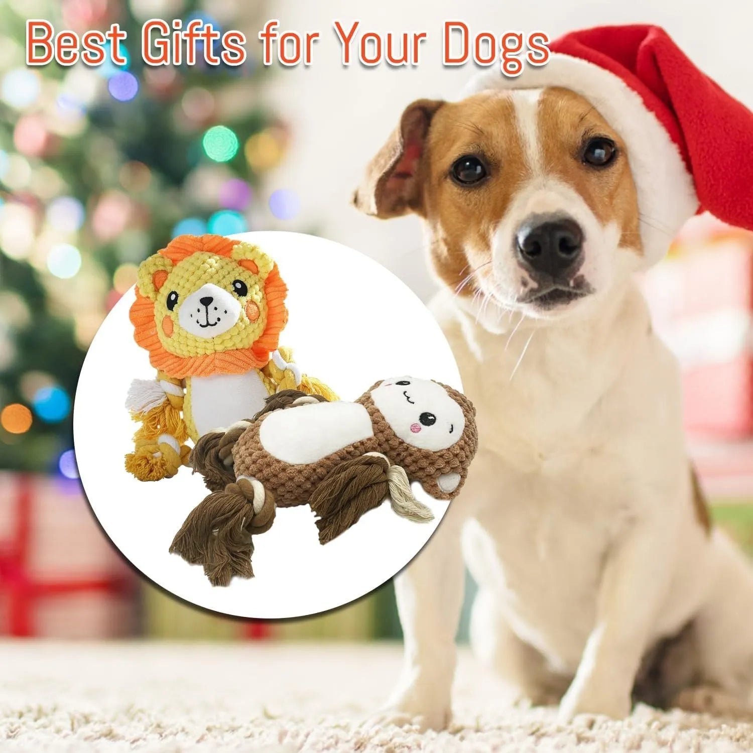 Lion and monkey plush squeaky dog toys with no-stuffing construction for medium large dogs