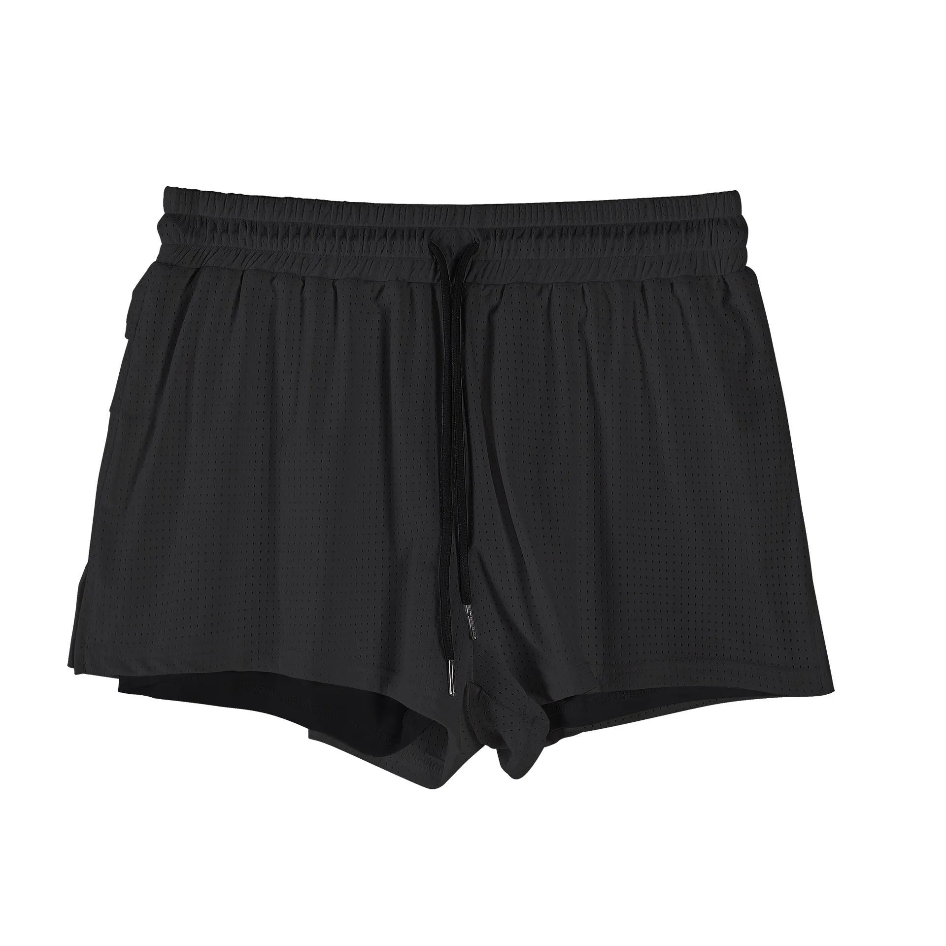 Man wearing black quick-dry nylon summer shorts with a mid-waist design.