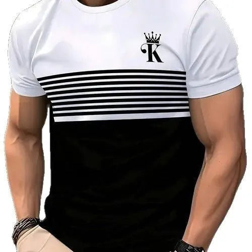 Grey loose-fit men's short sleeve casual T-shirt made from polyester fabric on a hanger.
