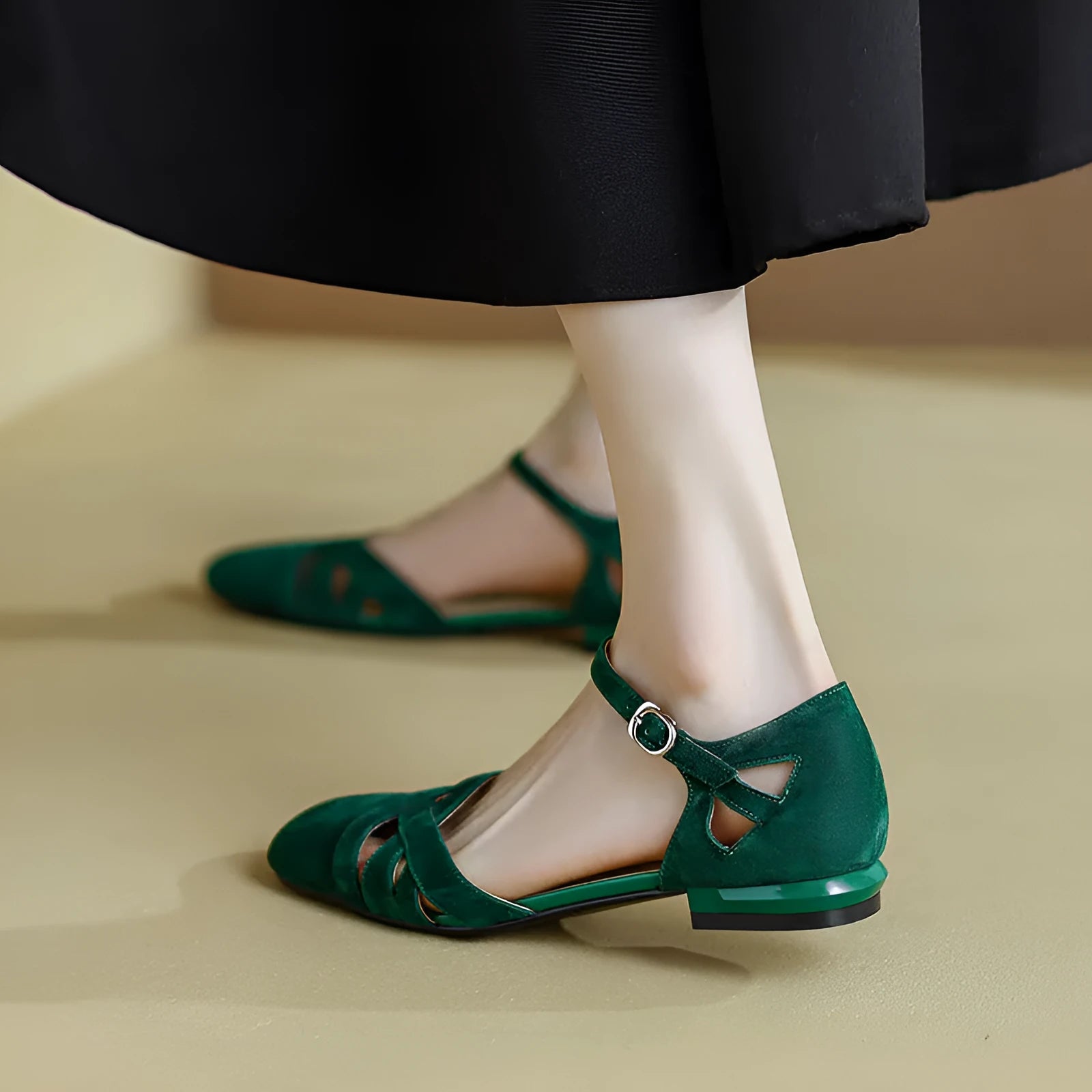 Apricot and green classic French retro Roman sandals with buckle fastening and round toe.