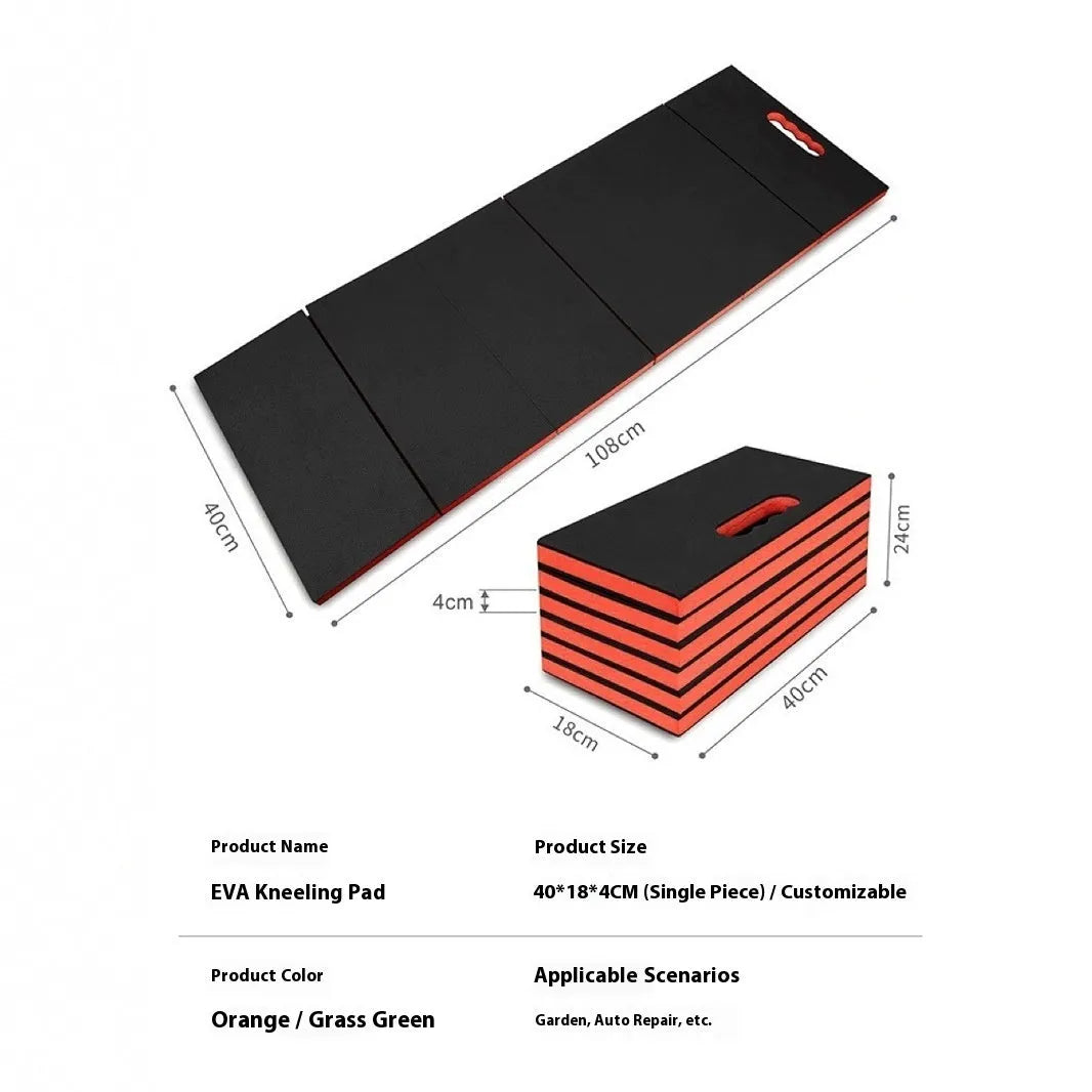 Large blue folding EVA foam kneeling mat for car repair and gardening, shown unfolded and folded.