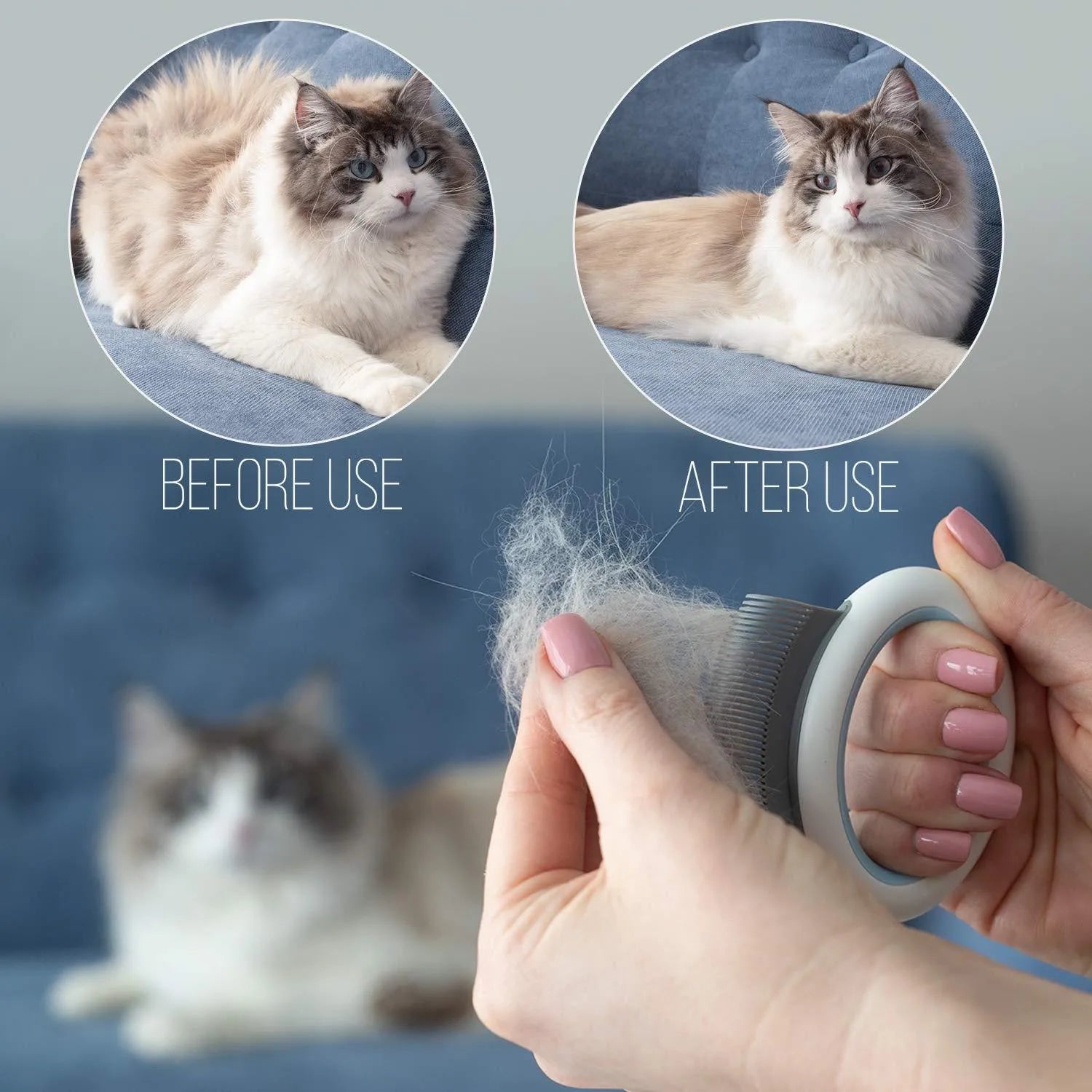 Blue pet deshedding and dematting comb with soft teeth and ergonomic handle.