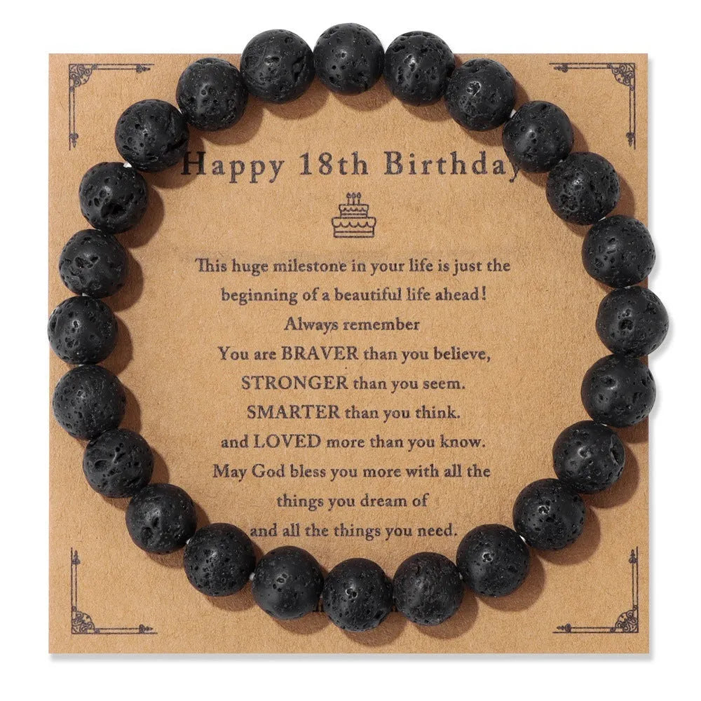 Men's natural stone bead elastic string bracelet in geometric circle style with birthday card