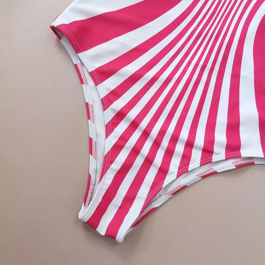Women's pink striped one-piece swimsuit with digital printing front and back