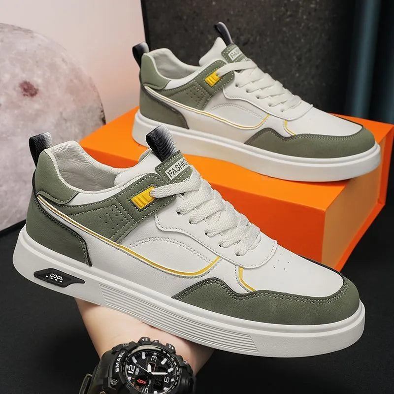 Men's low-top canvas board shoes in black, beige, or grey with round toe and leather stitching.